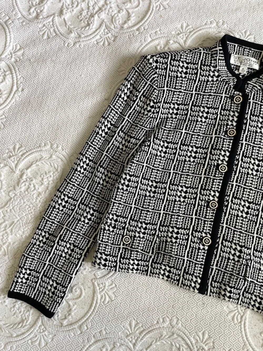 St. John Collection Old Money Abstract Houndstooth Black + White Knit Jacket 8